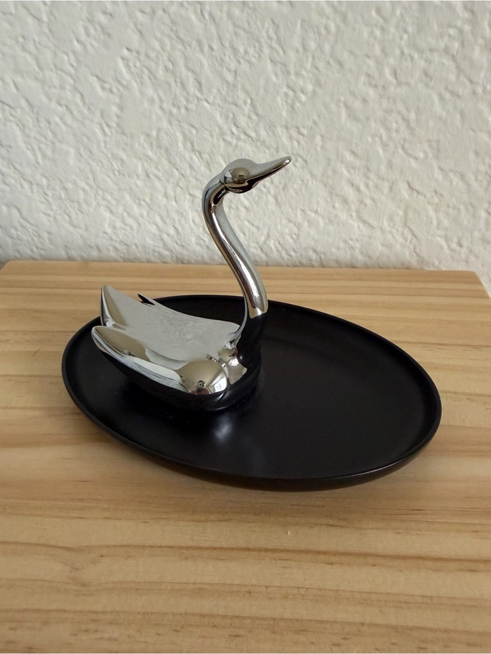 Silver Swan Ring Dish on Black Tray